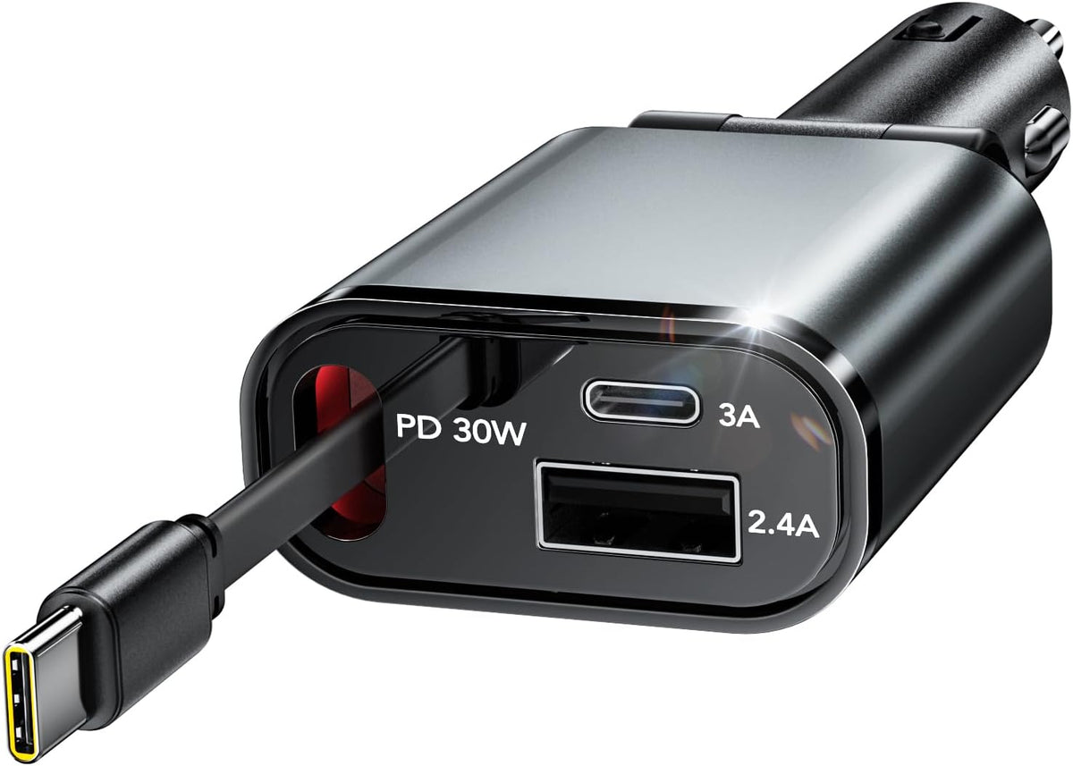 Retractable Car Charger, 3 in 1 Fast Car Phone Charger 50W, 1 TypeC Retractable Cables and USB Port, Compatible with iPhone 16/15/14/13/12/11,Galaxy,Pixel