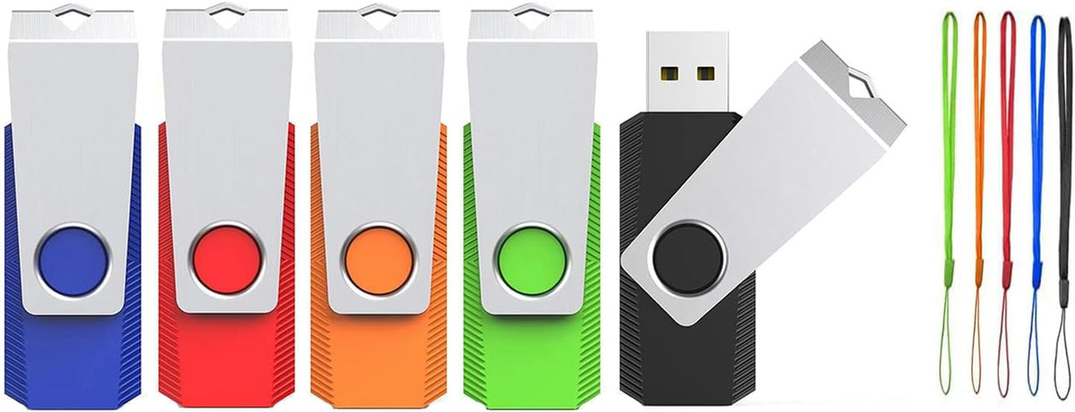 USB Flash Drive 8GB 5 Pack, Wooolken USB 2.0 Memory Stick with Lanyards Swivel Thumb Drives for Data Storage and Backup (5 Mixed Colors: Black Red Blue Orange Green)