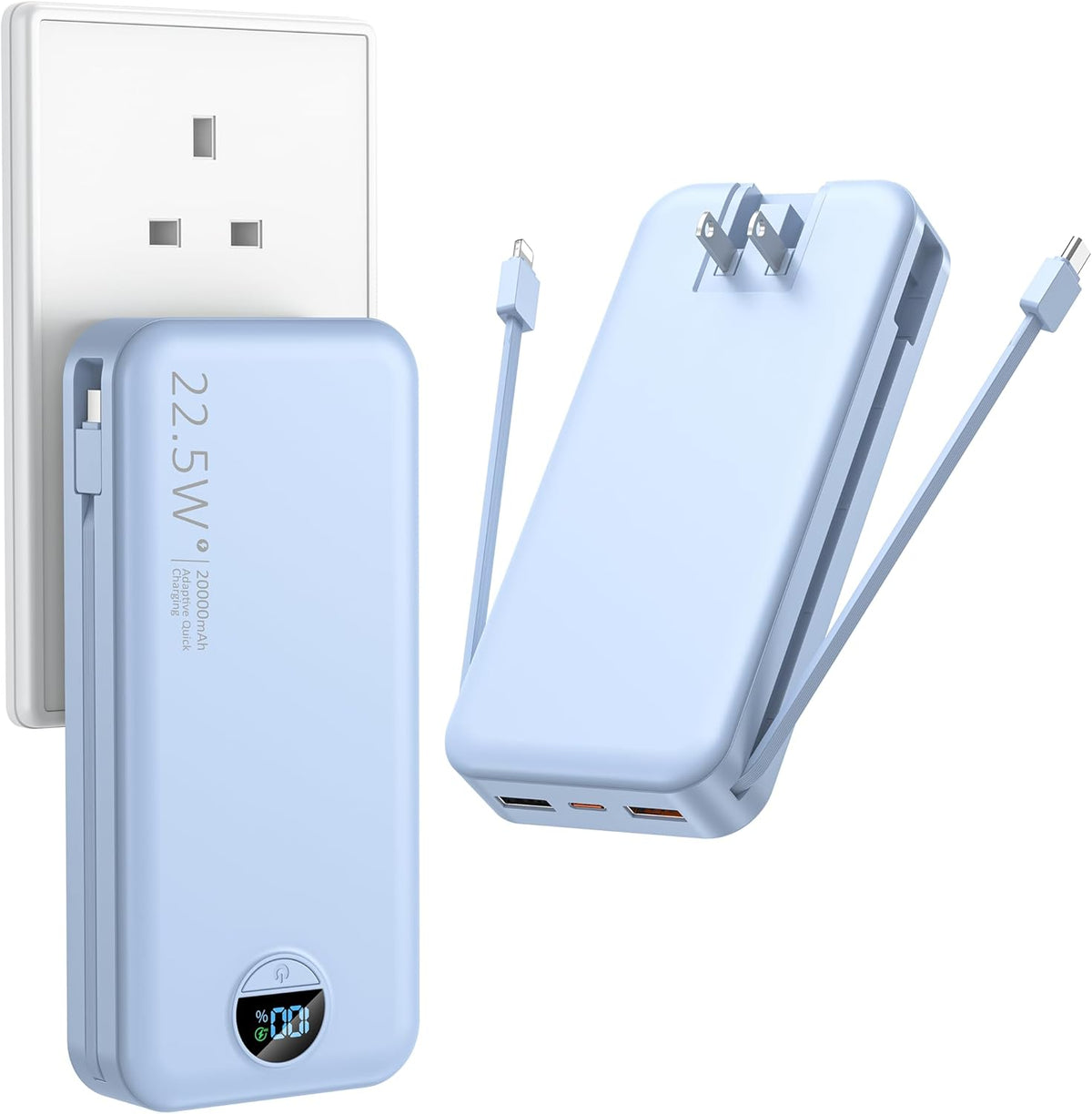 Portable Charger with Wall Plug, 20000mAh USB C Power Bank Fast Charging, External Battery Pack with Built in Cables, Digital Display, 5 Output 2 Input for iPhone Android Cell Phone Tablet