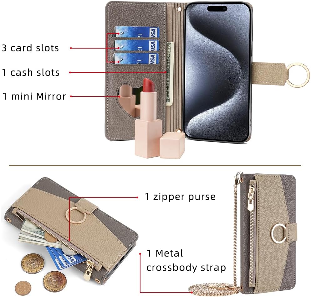 Asuwish iPhone 15 Pro Wallet Case 6.1" - Gray, with Screen Protector, Mirror Flip, Card Holder, Crossbody Strap, Stand.