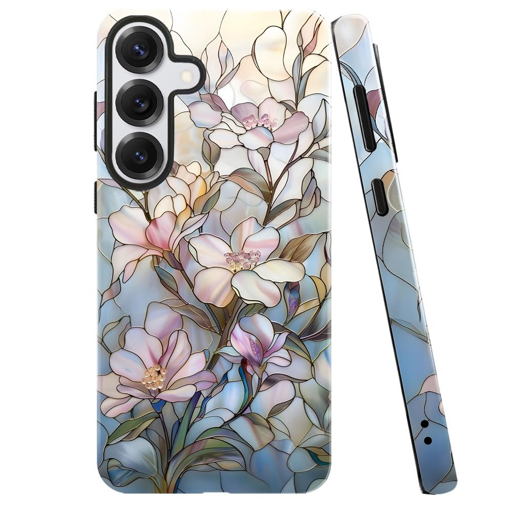 Case For Samsung Galaxy S25 Plus,Stained Glass Floral Magnolia Pattern Phone Case Military-Grade Drop Protection Cover For Women
