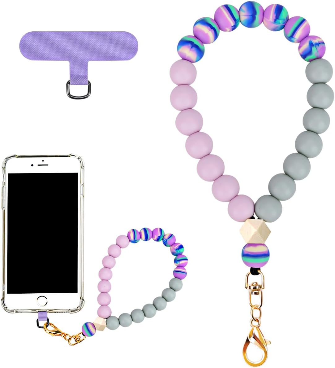 Marble Silicone Beaded Phone Wrist Strap, Cellphone Lanyard with Tether Tab, Elastic Hands-Free Wristlet Bracelet