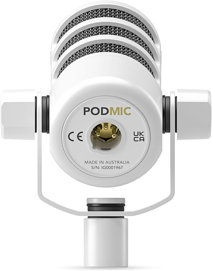 Rode PodMic Cardioid Dynamic Broadcast Microphone (White Pair) with 2X Round Base Desktop Mic Stands Monitoring Headphones XLR Cables and Polishing Cloths