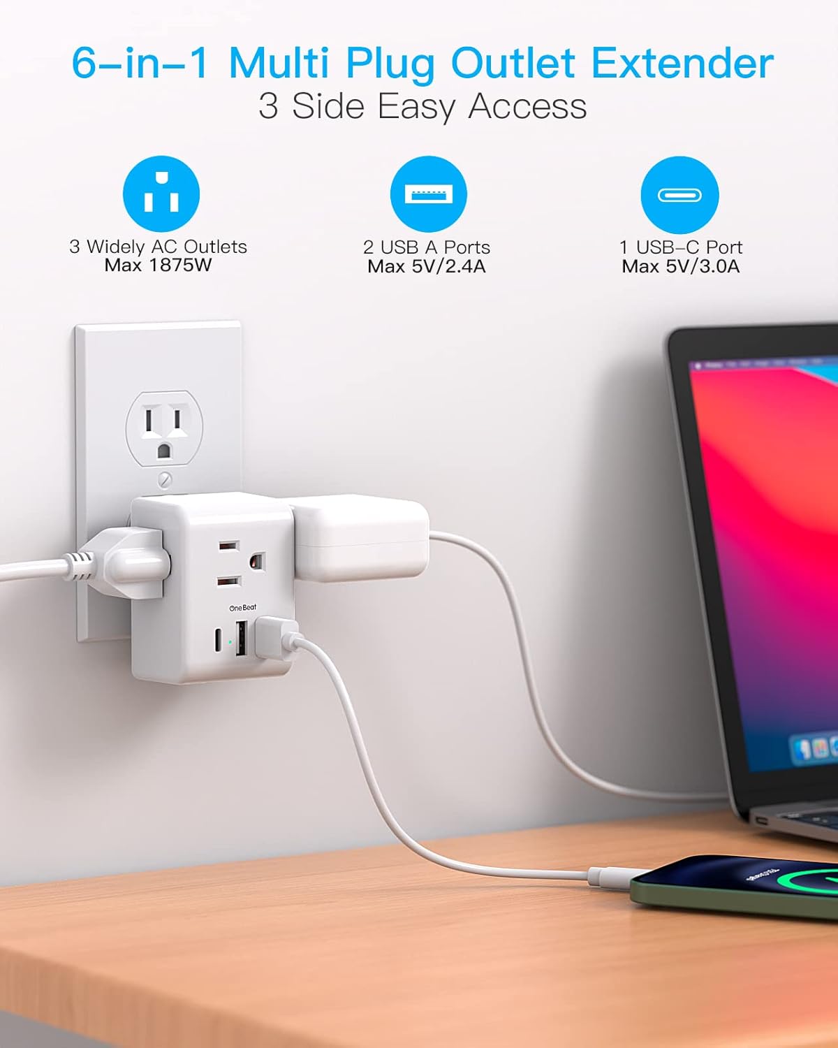 Multi Plug Outlet Extender, Non Surge Protector Electric Outlet Splitter with 3 USB Wall Charger (1 USB C) for
