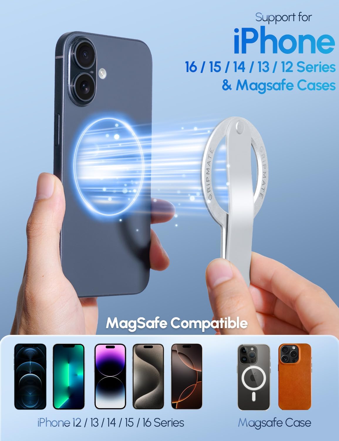 MagSafe Phone Grip for iPhone - Magnetic Phone Ring Holder Detachable for iPhone 16 - Comfortable Finger Phone Loop Grip for Apple 15/14/13/12, Silver