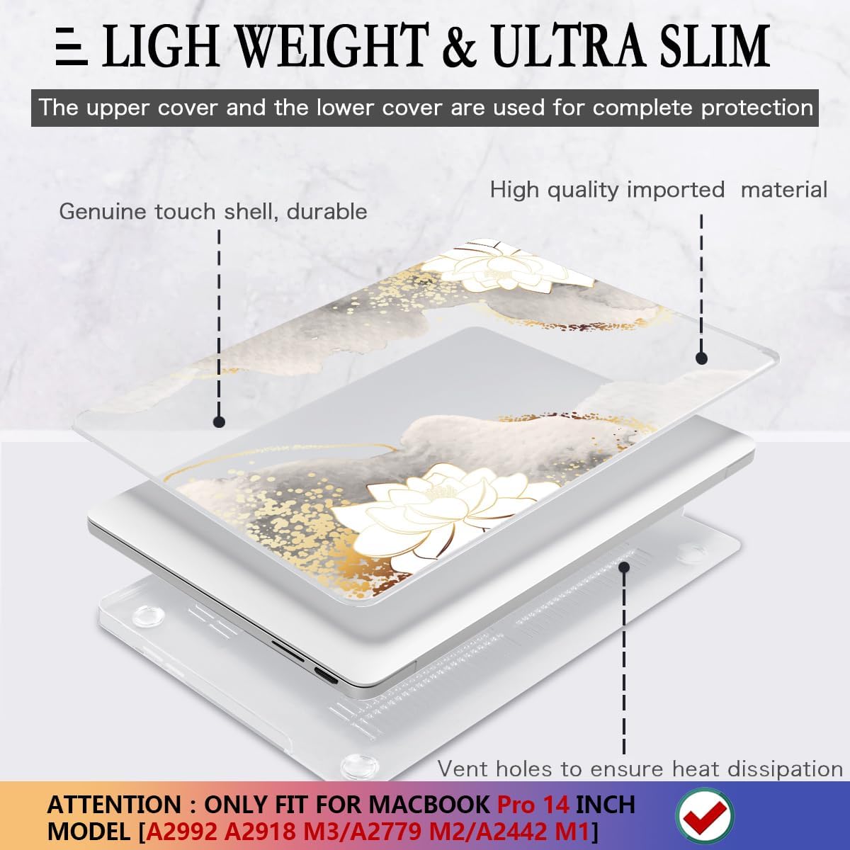 CISSOOK Compatible with MacBook Pro 14 inch Case 2024 2023-2021 Release Model: M4 A3112 A3185 A3401 M3 A2992 A2918 M2 A2779 A2442 M1 Pro/Max, Lotus Hard Shell Case for MacBook Pro 14 with Touch ID