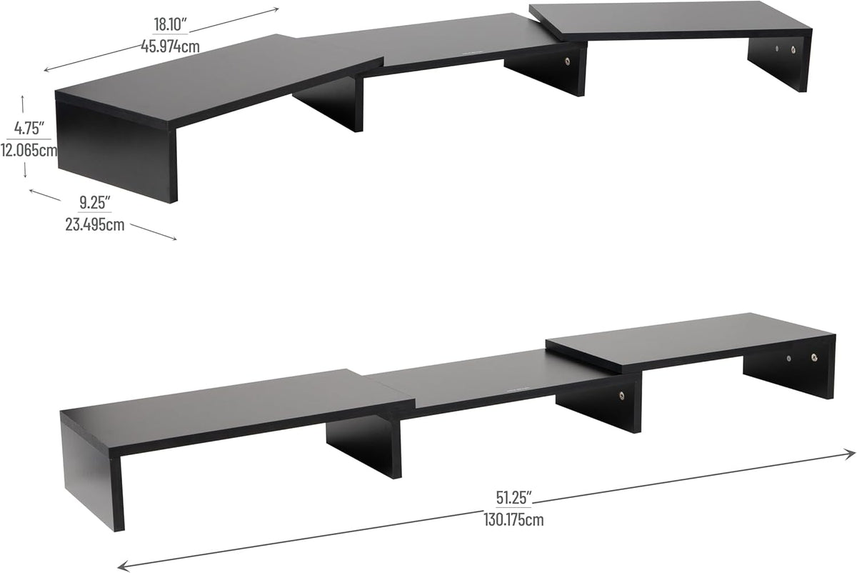 Mind Reader Dual Monitor Stand, Height Adjustable Desktop Organizer, Laptop Riser, 51.25" L x 9.25" W x 4.75" H, Black