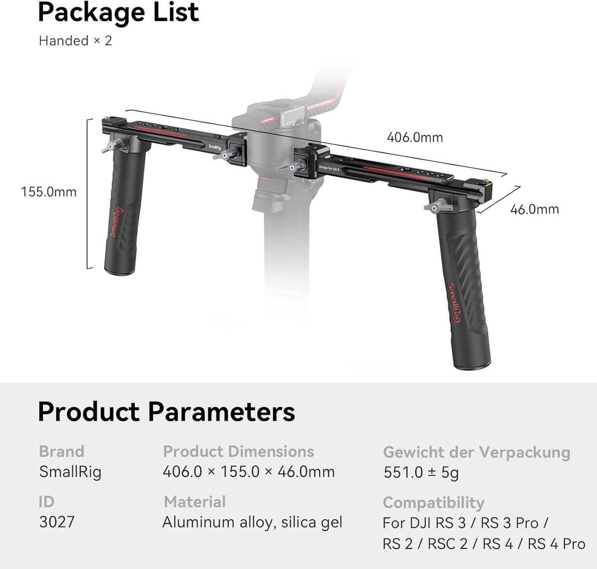 SMALLRIG Dual Handle Handgrip for DJI RS 4 /RS 4 Pro/RS 3 / RS 3 Pro/RS 2 / RSC 2 Gimbal, Gimbal Handle Grip with NATO Rails, Cold Shoe, 1/4"-20 & 3/8"-16 Threaded Holes
