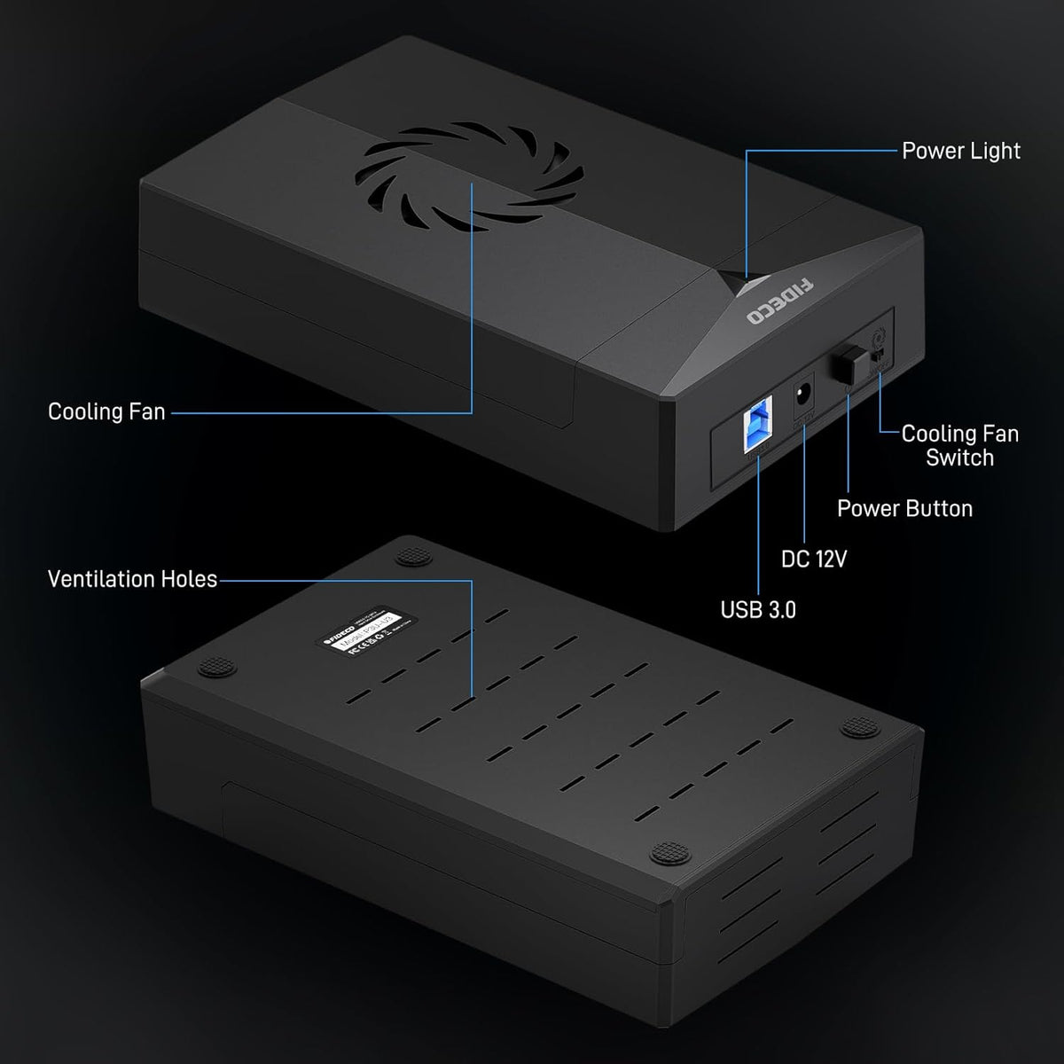 FIDECO 3.5 2.5 inch 12V Hard Drive Enclosure for or SATA HDD SSD, SATA to USB Adapter with Cooling Fan, External HDD