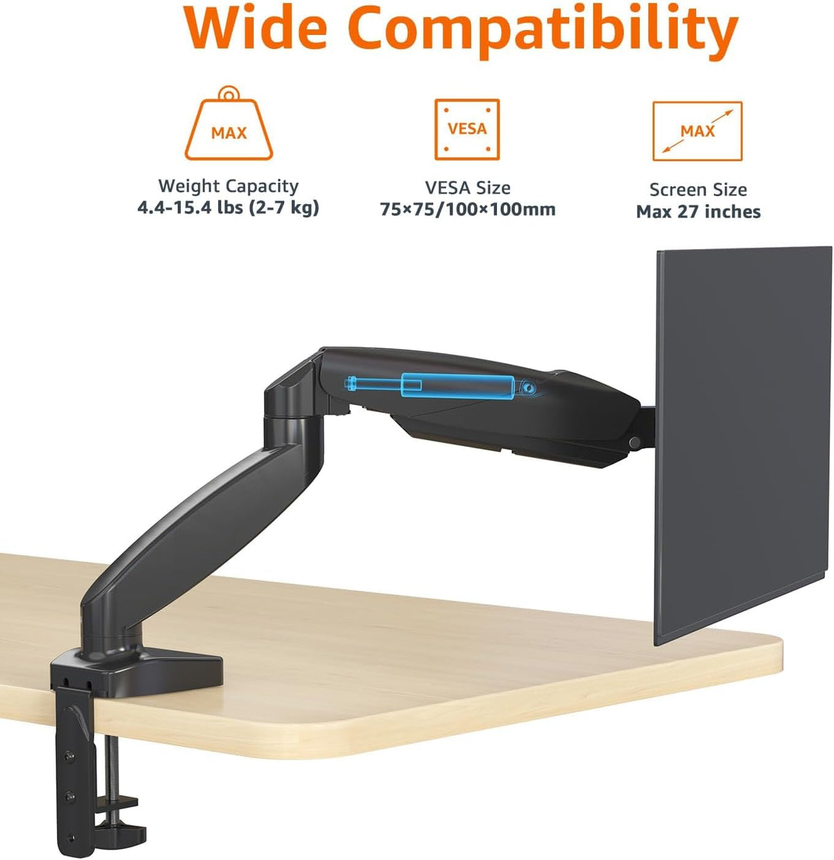 Amazon Basics Gas Spring Single Computer Monitor Arm Mount, Adjustable, Holds up to 27" Monitors, Black