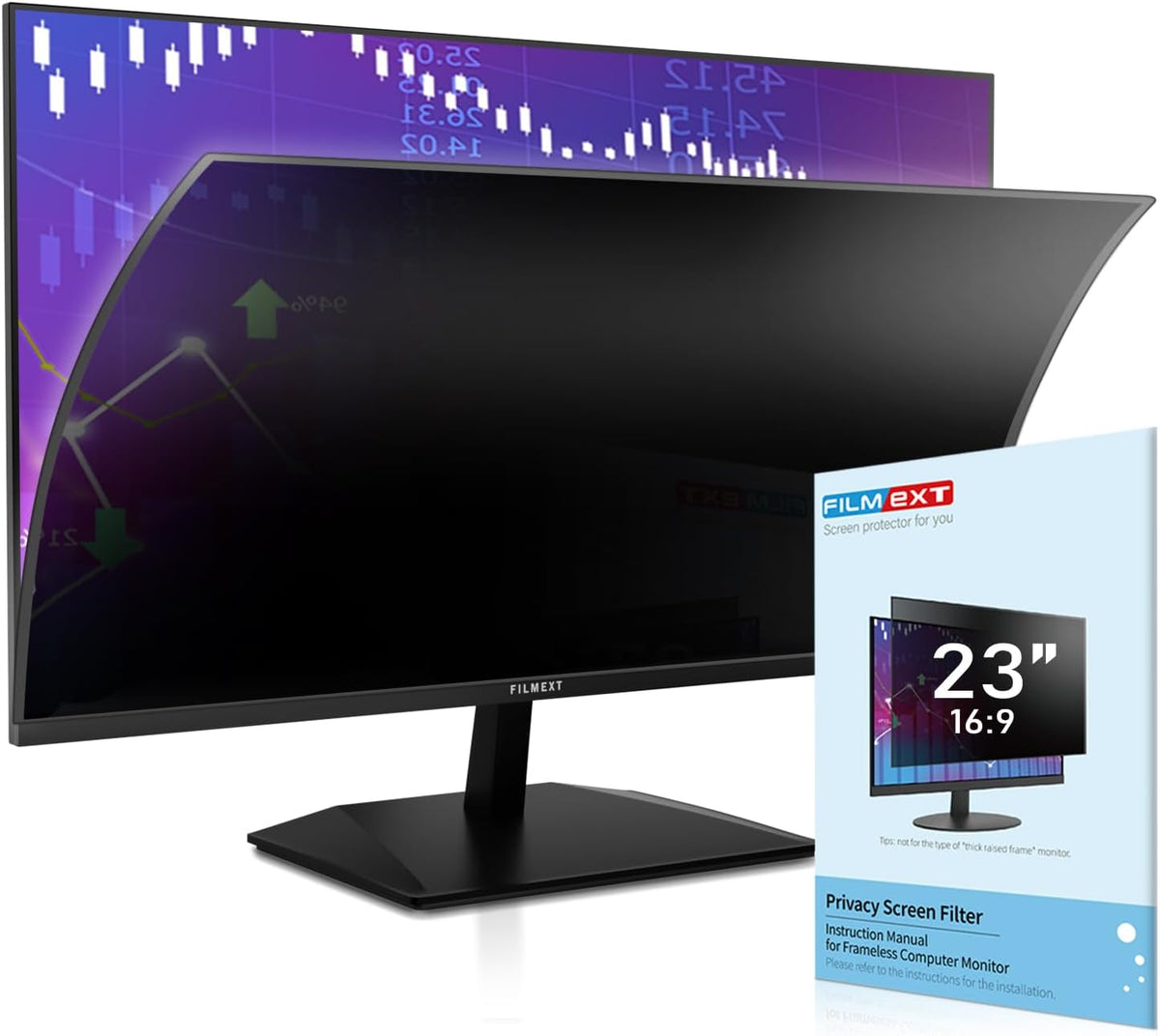 FILMEXT [2023 Upgrade Computer Privacy Screen Shield for 23 inch 16:9 Frameless Monitor, Anti Spy Blue Light Filter, Bubble Free, Easy On/Off Screen Protector for Computer Monitor