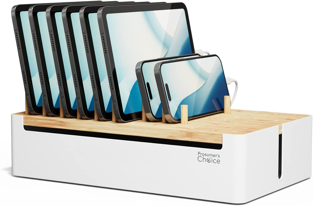 Prosumers Choice Bamboo Charging Station for Multiple Devices - Wooden Charger Organizer with Removable Dividers for Phones, Tablets, and Laptops - 11 Inch Cable Organizer Box - Space-Saving Desk Dock