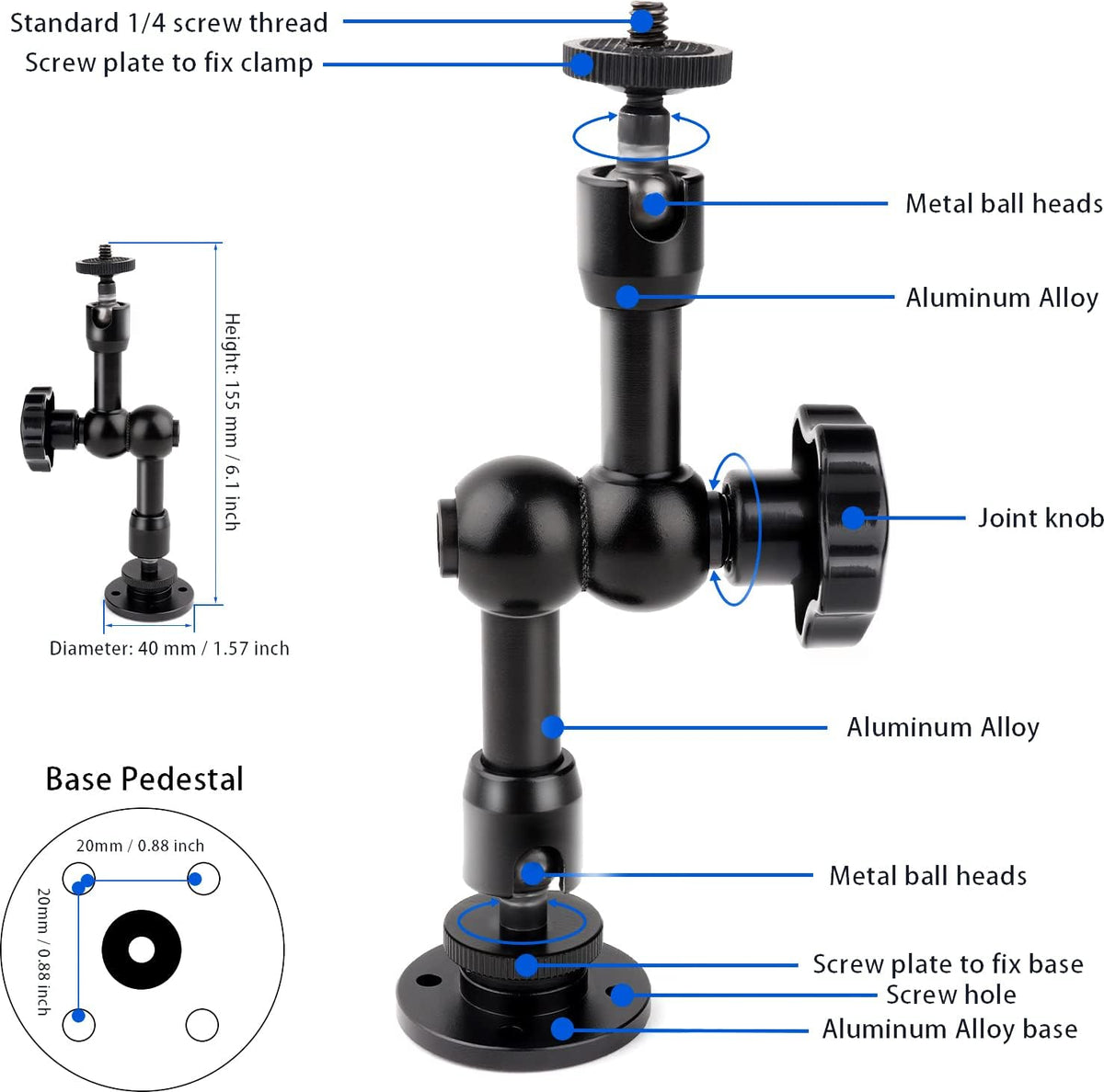 Drill Base Truck Phone Stand for 3.5~7.5 inches iPhone/HTC/LG/Nexus/Huawei/Smart Phones, Fit for Truck, Car,Van, Vehicles, 360°Adjustable Aluminum Alloy Mount