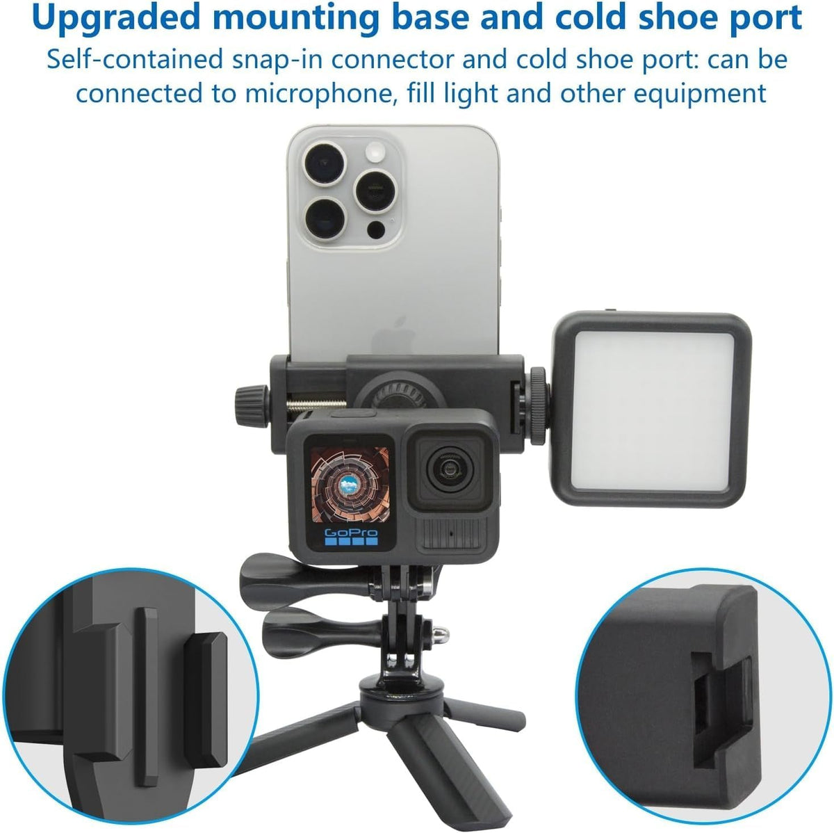 Suptig Phone Holder for Tripod, Action Camera Tripod Mount Adapter Compatible for iPhone, Gopro, DJI Action, Insta 360, Akaso, Mic, LED Light Photography Accessories