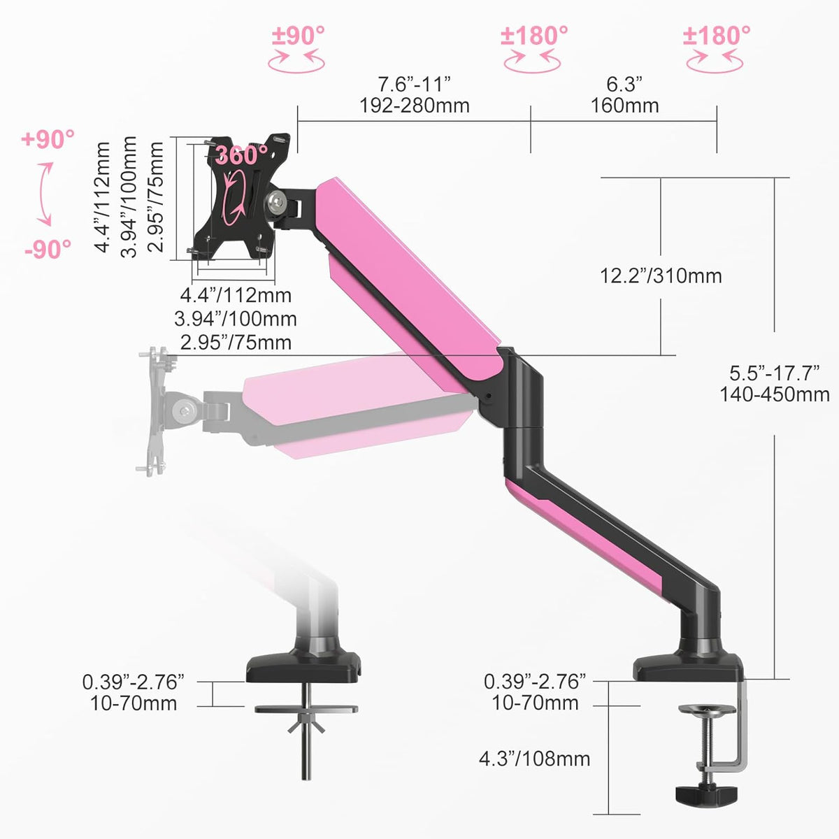 PHOLITEN Single Monitor Arm Fits 13-32 inch,4.4-19.8lbs Screen, Fully Adjustable Gas Spring Arm, Computer Monitor Stand with VESA 75 * 75mm/100 * 100mm Mount,Black & Pink