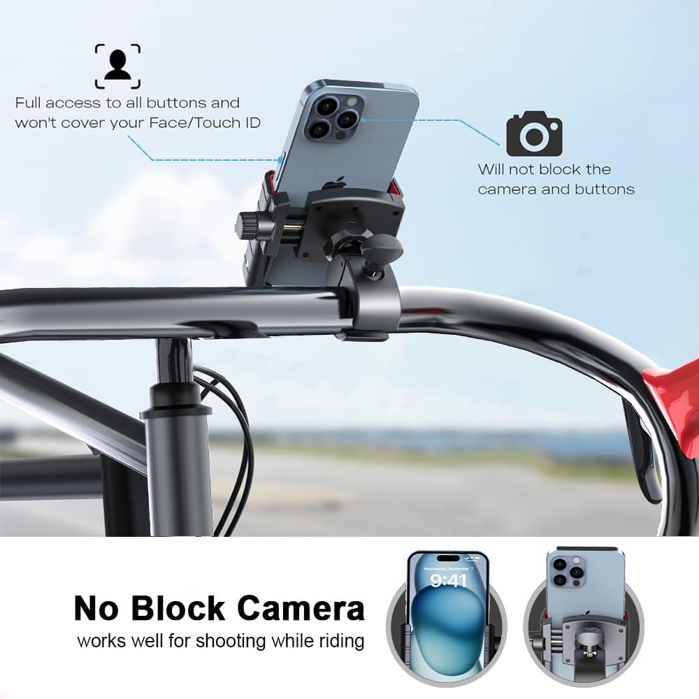 Universal Adjustable Bicycle Phone Holder Compatible with iPhone 15/14/13/12 Pro Max, Samsung Galaxy S23/S22 Ultra, Secure 360° Rotation Cycling Accessories for Road Mountain Bikes