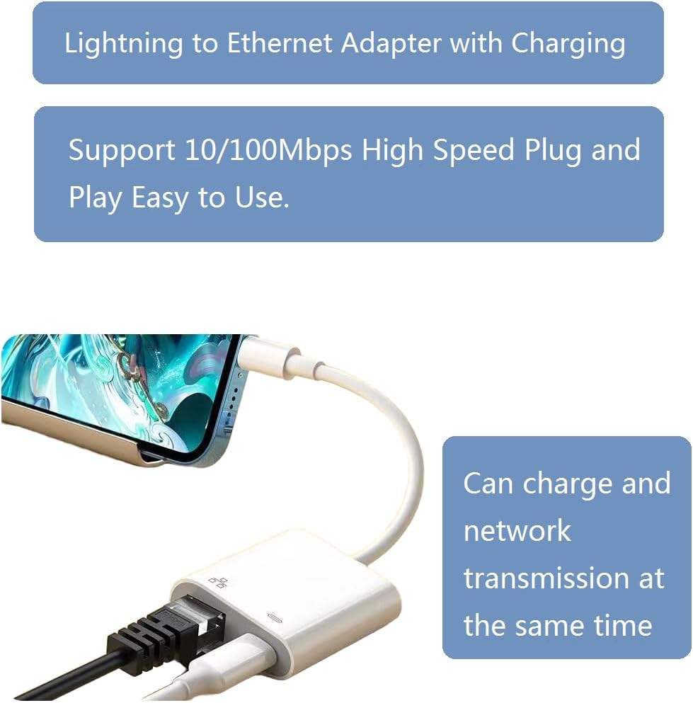 Lightning to Ethernet Adapter with Charging Port, RJ45 Ethernet LAN Network Adapter for iPhone/iPad/iPod Supports