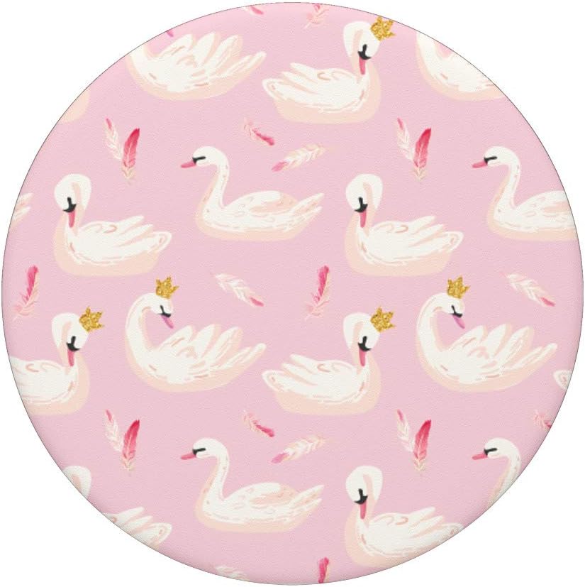 Cute Swans White with Feathers and Crowns Pattern on Pink PopSockets PopGrip for Phones & Tablets