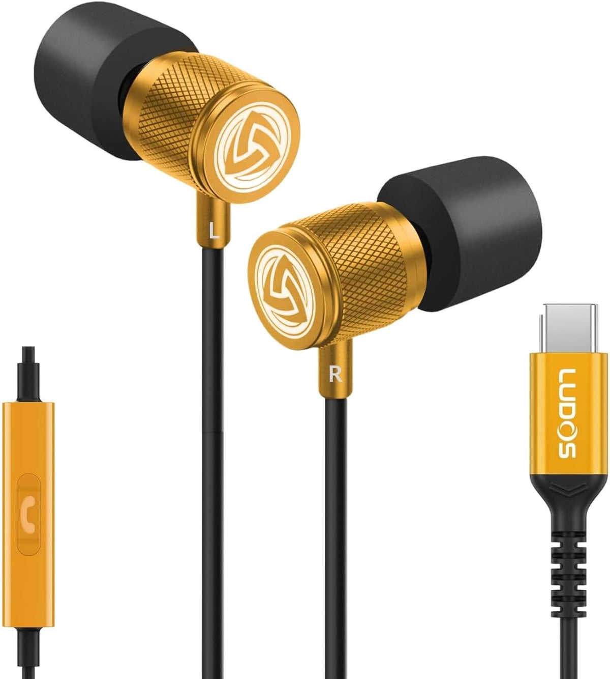 LUDOS Ultra USB C Headphones for iPhone 16 15 Pro Max Plus iPad Pro, 5 Years Warranty, Magnetic USB-C Earbuds for Samsung Galaxy S24 S23 Ultra S22 S21 FE S20 A55 A54 A53, USB Type C Earphones - Gold