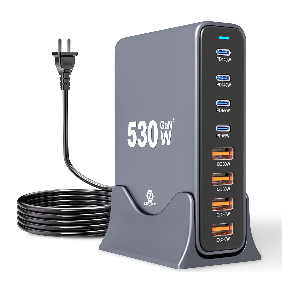 Zeroffi 530W USB C Charging Station, 8-Port Desktop Charger, PD 140W PD 65W QC 30W GaN ? Fast USB Charger Block for MacBook, Ipad, iPhone, Samsung