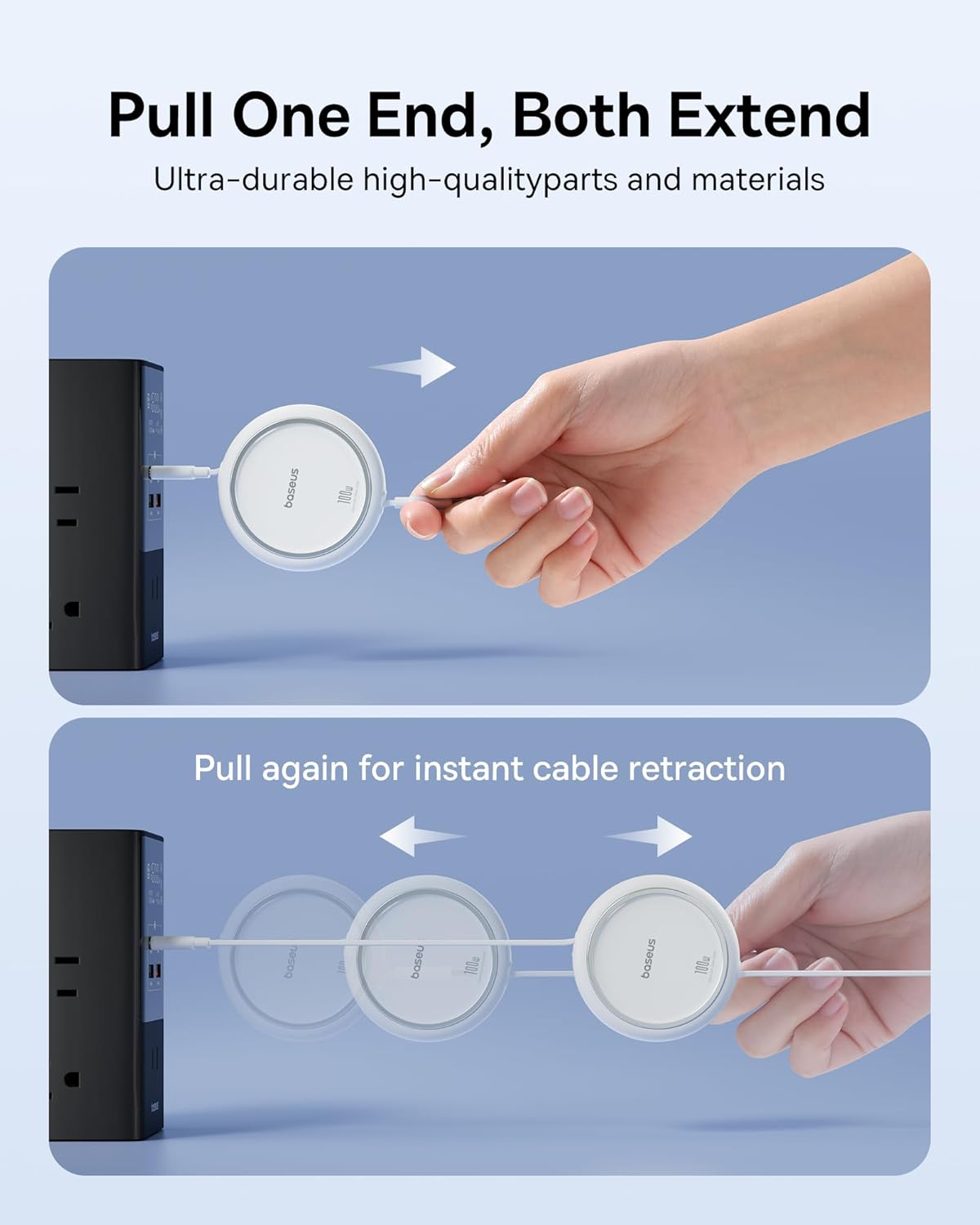 Baseus USB C to USB C Cable, 100W Retractable USB C 5A Fast Charging Cable, 4-Stage Length Preset USB Type C Charger Cord for iPhone 16 15 Pro Plus Pro Max, MacBook, iPad, Samsung S24/S23+ (3.3ft)