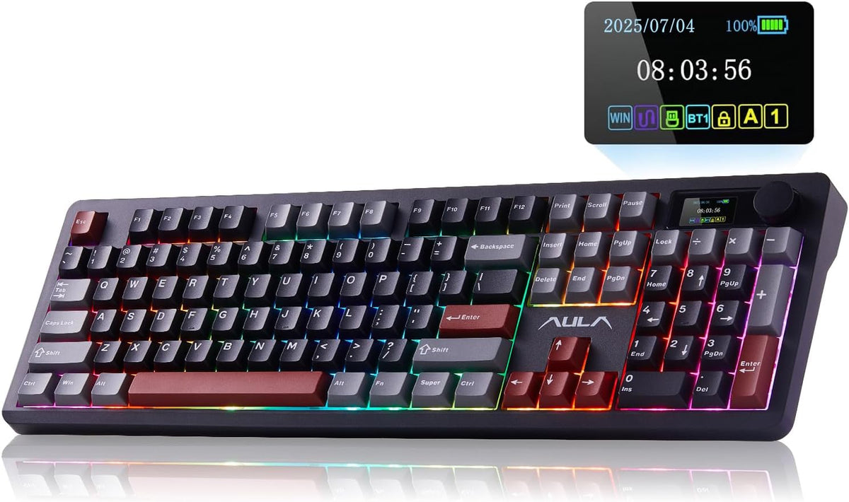 AULA F106 PRO Mechanical Wireless Keyboard,Gaming Keyboard with Knob & Screen Tri-Mode RGB Hot Swappable Custom PBT Keys with 8000mAh for PC/Laptop/Windows - Black Red