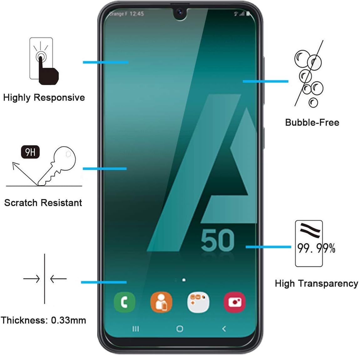 NEW'C [3 Pack] Screen Protector for Samsung Galaxy A50 (SM-A505F), Tempered Glass, Case Friendly, Anti Scratch