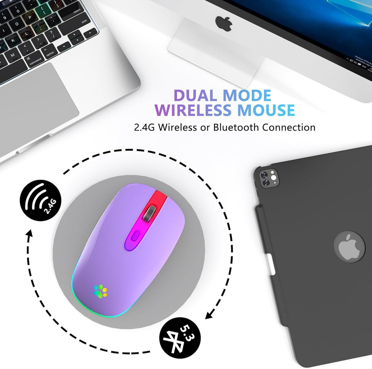 FUWANG Wireless Mouse, Rechargeable LED Bluetooth Mouse, Portable USB Optical 2.4G Wireless Computer Mice (Purple)