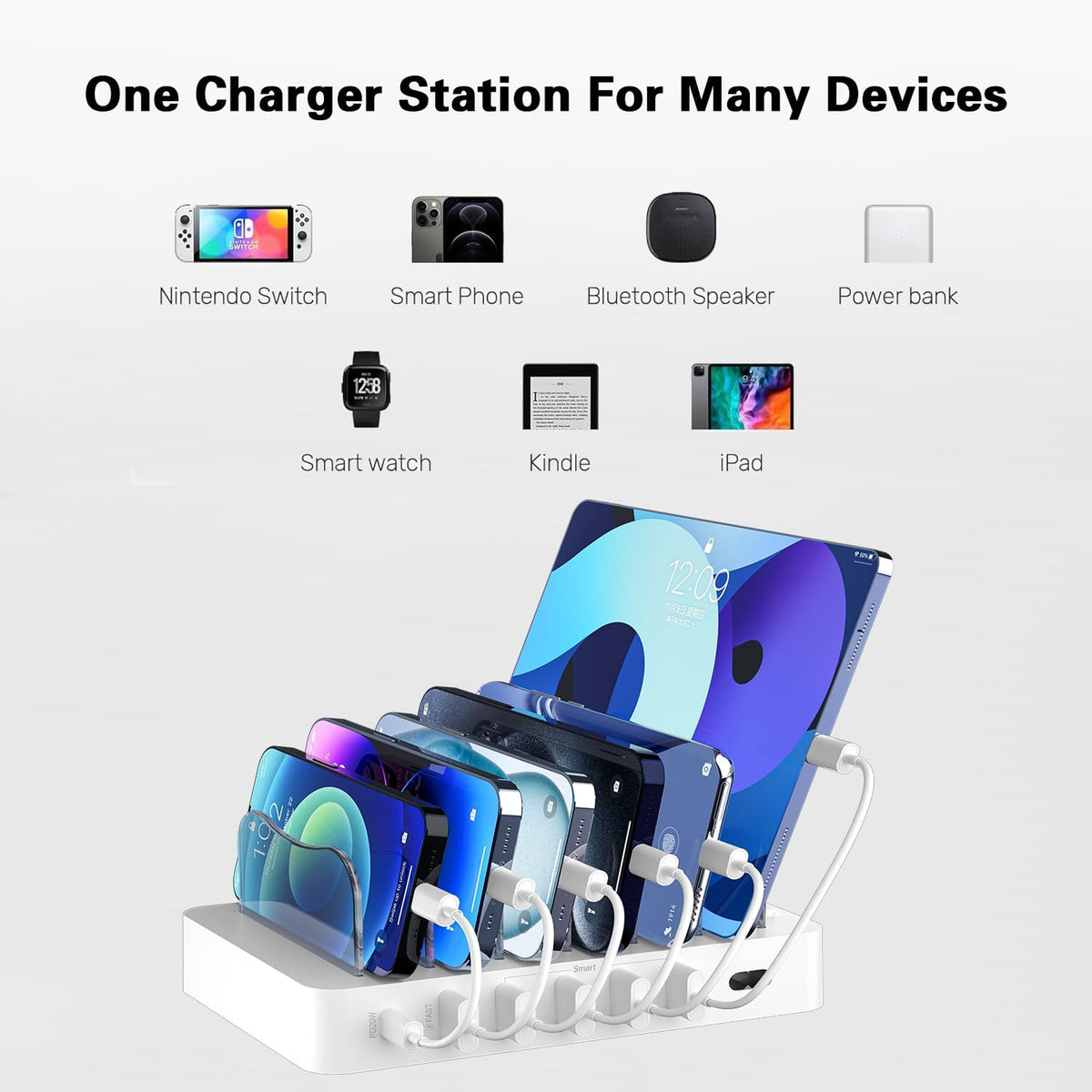 Charging Station for Multiple Devices: 68W 6 Port 20W Fast Phone Charger Dock with 6 Cables, Compatible with Apple Cellphone iPad iPhone Tablet and Other Electronic (White)