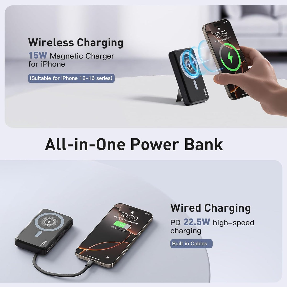 2025 Latest Magnetic Wireless Power Bank, 16800mAh Portable Charger with 2 Built in Cables, LED Display Magnetic Battery Pack Travel Essentials for iPhone 16/15/14/13/12/Pro/Mini/Pro Max Andriod