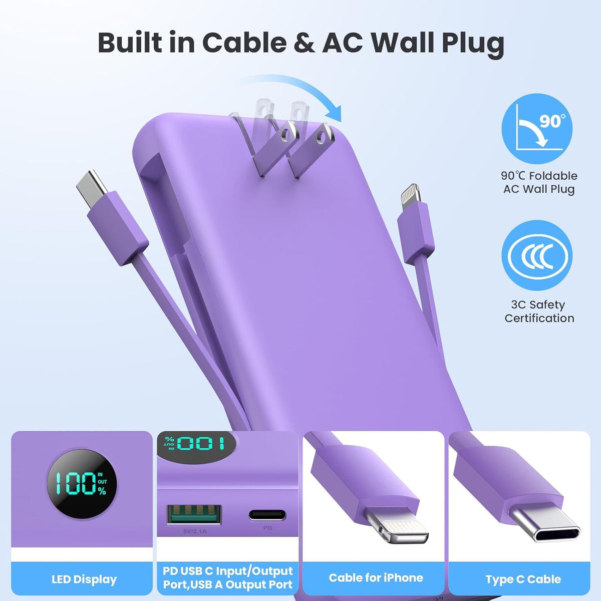 Portable Charger 13800mAh Slim USB C Power Bank with Built in Cables and Wall Plug,LCD Display Lightweight Travel Battery Pack,PD Fast Charging Compatible with iPhone 15,14,Samsung Android-Purple