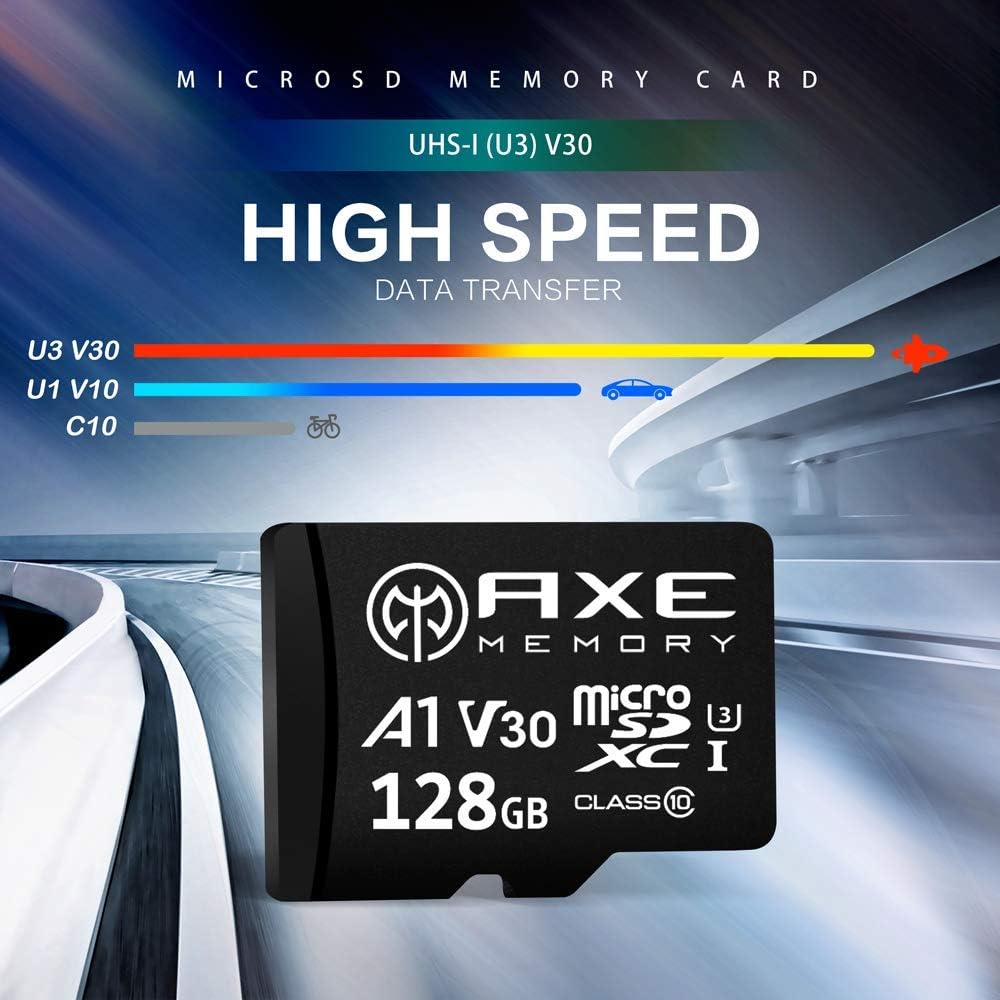 AXE MEMORY 128GB Micro SD Card, 4K Ultra Full HD Video, High Speed MicroSDXC with SD Adapter