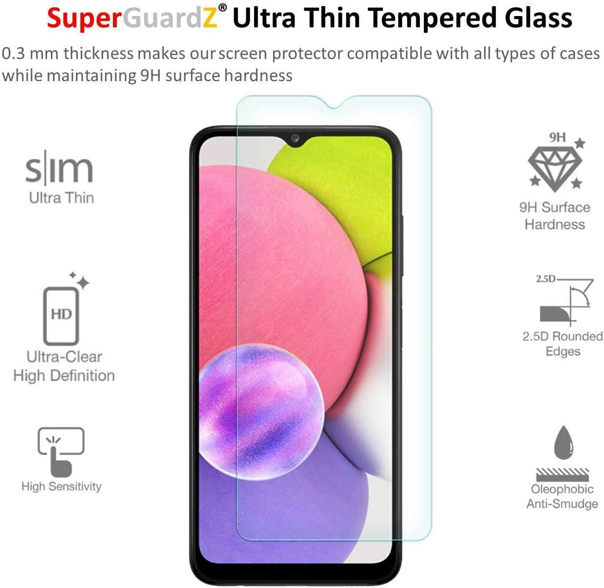 [2-PACK] Samsung Galaxy A03S Screen Protector, Anti Blue Light Tempered Glass, SuperGuardZ
