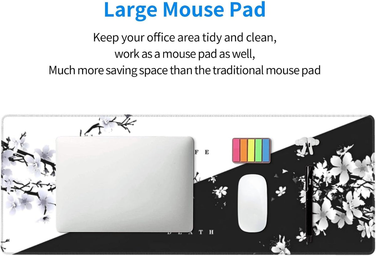 Japanese Life Death Keyboard Mat, Black White Japanese Anime Gaming Mouse Pad for Desk with Anti-Slip Rubber Base and Stitched Edges, Japanese Sakura Pagoda Sun Mouse Pad