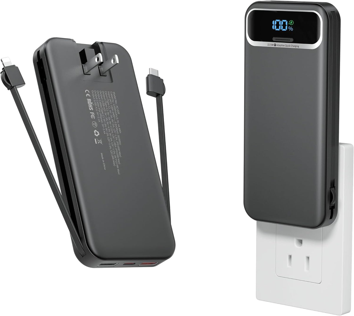 12000mAh Lightweight-Portable-Charger-Power-Bank with Built-in Cables and AC Wall Plug, PD20W USB-C Fast Charging Battery Pack, LED Display External Travel Phone Charger for All iPhone,Samsung,Android