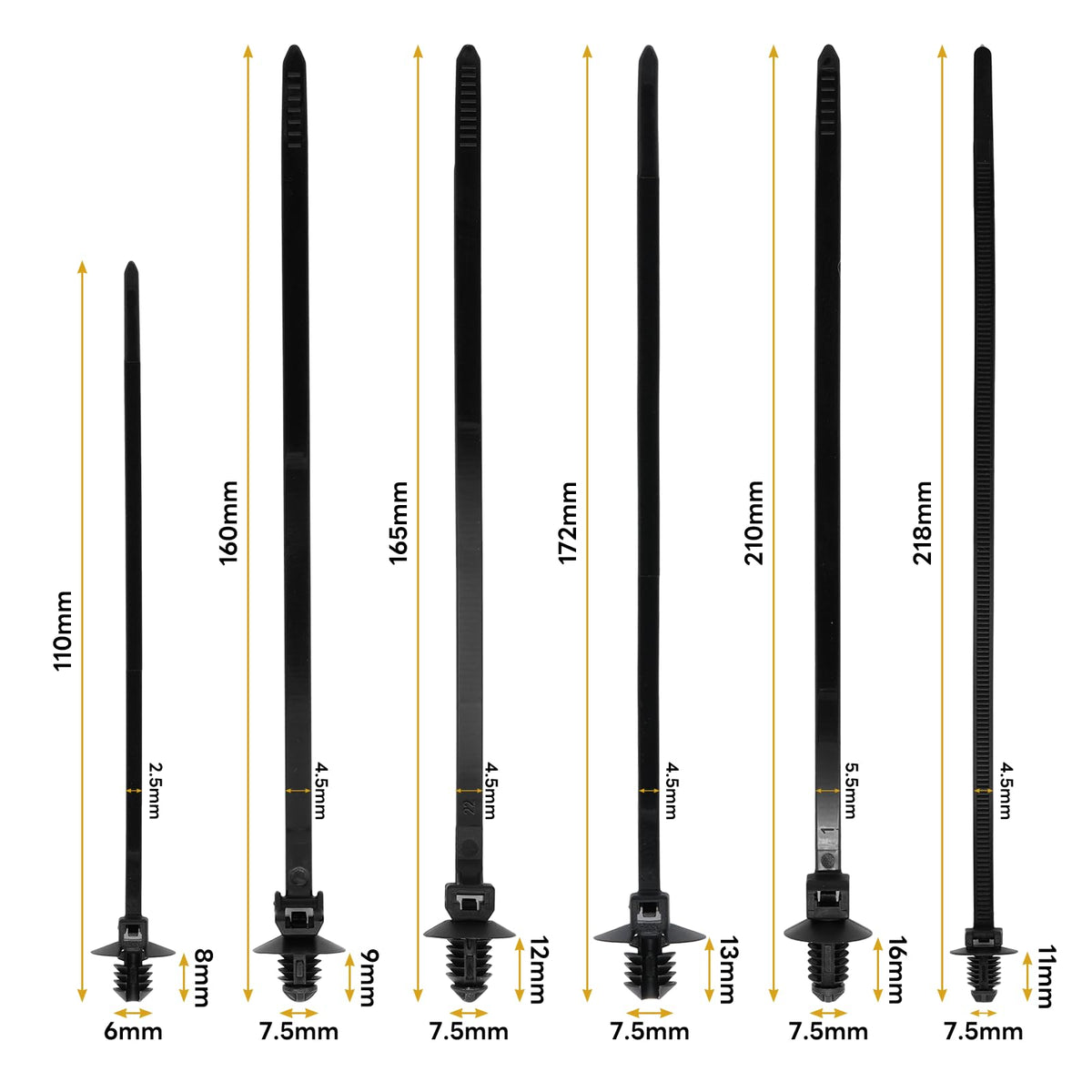 Semrien 240 Pcs Push Mount Cable Ties Assorted Sizes, Black Nylon Push Mount Zip Ties Wire Harness Clips, 6-Types Snap in Zip Ties Self Locking Automotive Wire Ties for Wire Tying, Automotive