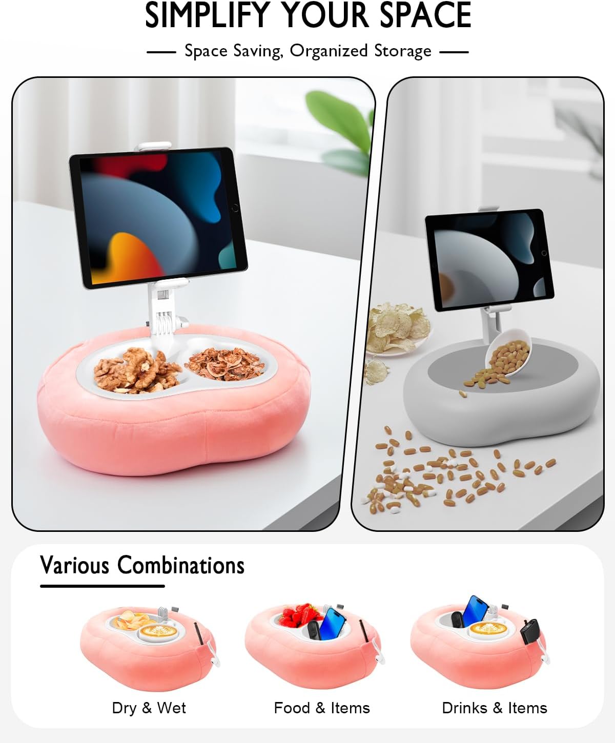 Tablet Pillow Stand, Compatible with 5"-12.9" Kindle, iPad, Phone/Tablet, Google, Samsung, 360° Rotating Phone Holder for Bed, Soft Plush Fabric, Detachable Bowl, Reading and Relaxation on Bed, Pink