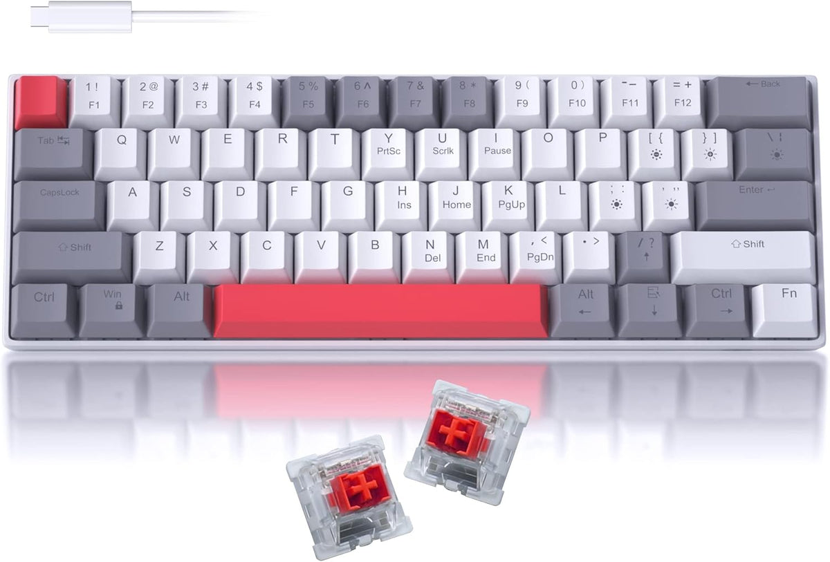 60% Mechanical Gaming Keyboard,Mixed Color Keycaps Gaming Keyboard with Red Switches, Detachable Type-C Cable Mini Keyboard with Blue LED Light for PC/Laptop