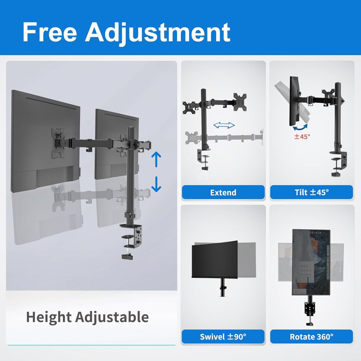 H&C(hcck&Cllassp) Dual Monitor Mount, Monitor Arm with Swivel, Tilt, Rotation, Height Adjustable, VESA Mount for 17-27” Monitors up to 17.6lbs, Desk Mount with C-Clamp, Black