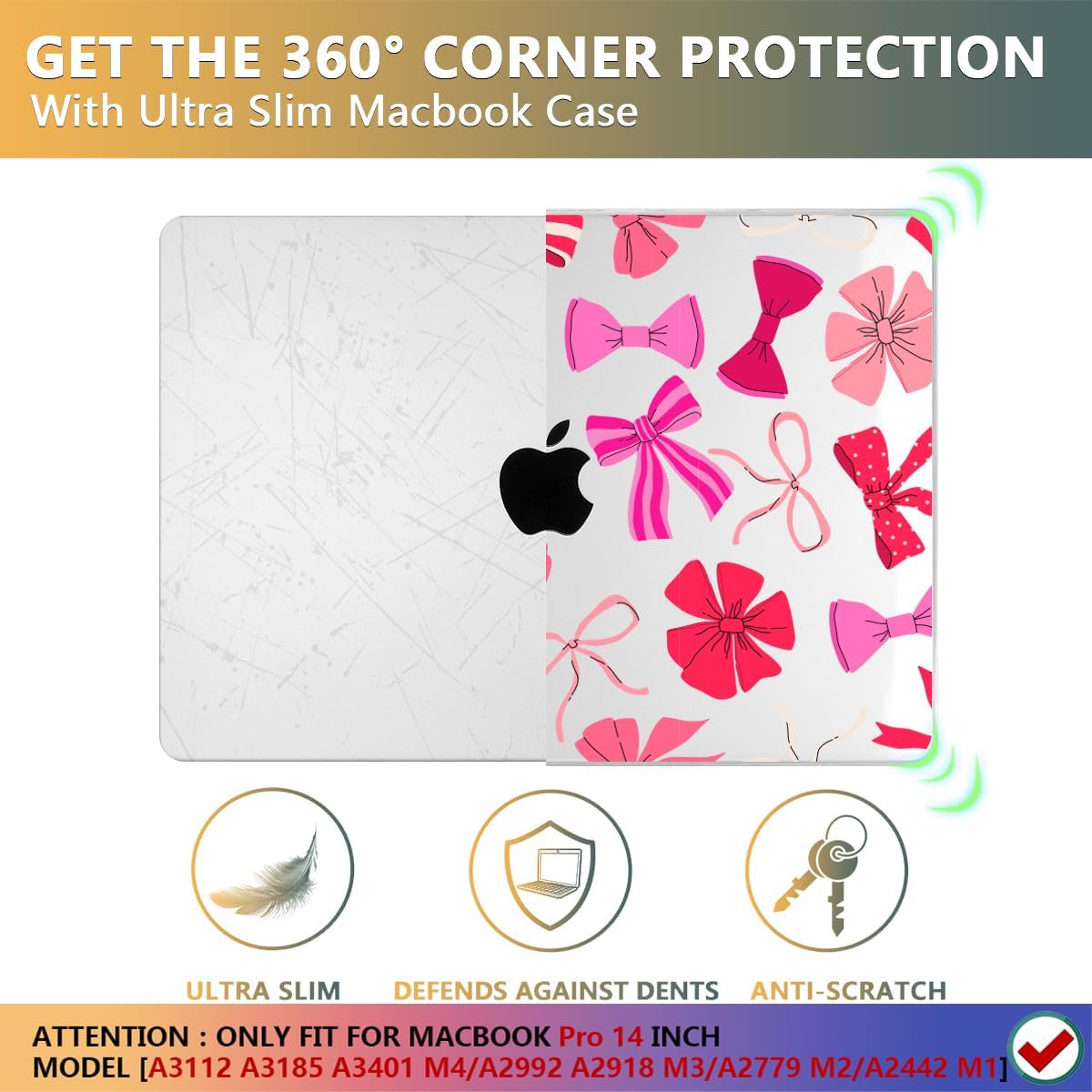 CISSOOK Compatible with MacBook Pro 14 inch 2024 2023 2022 2021 Release M4 M3 M2 M1 Chip A3112 A3185 A3401 A2918 A2992 A2779 A2442 Model, Hard Shell Case with Keyboard Cover&Screen Protector, Pink Bow