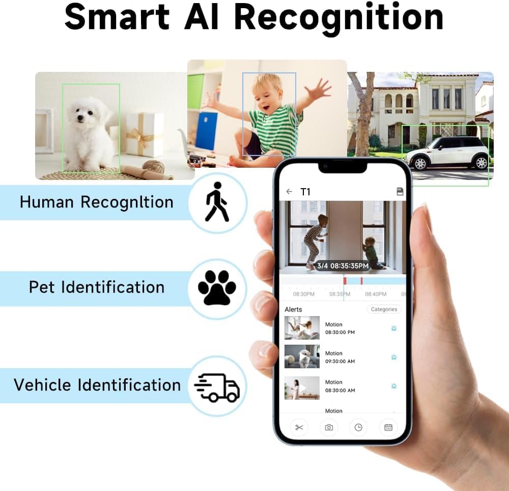 Rraycom 2K Security Cameras for Home Security, 4MP WiFi Indoor Camera with Color Night Vision, AI Motion Detection