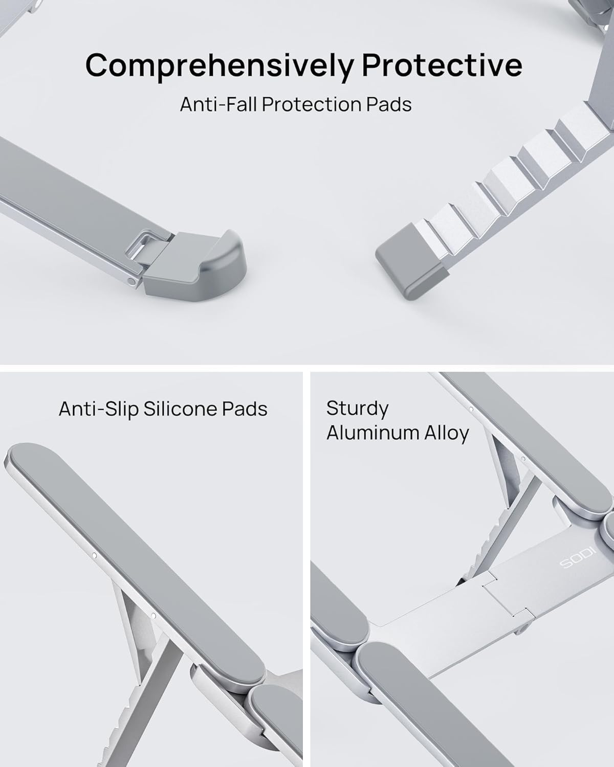 SODI Ultra Compact Foldable Laptop Stand - Portable Laptop Holder for Desk & Travel Use, Ergonomic Aluminum Computer Holder with Adjustable Height for MacBook, Tablet 10-16" (Light Gray, Bi-Fold)