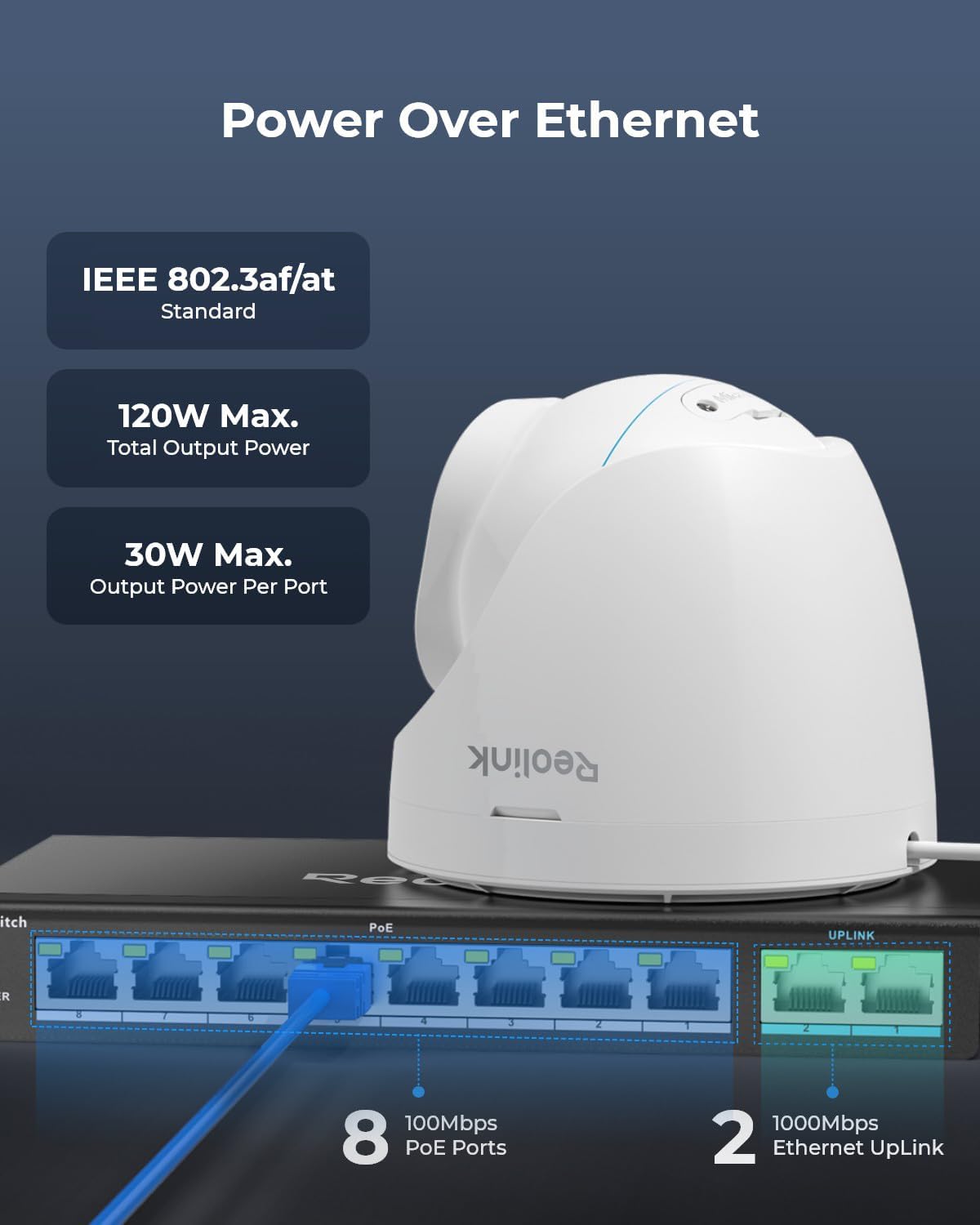 REOLINK PoE Switch with 8 PoE and 2 Gigabit Uplink Ports, Ideal for REOLINK RLN36 NVR and Power Over Ethernet IP Cameras, IEEE802.3af/at, Metal Casing, Desktop/Wall Mount, RLA-PS1