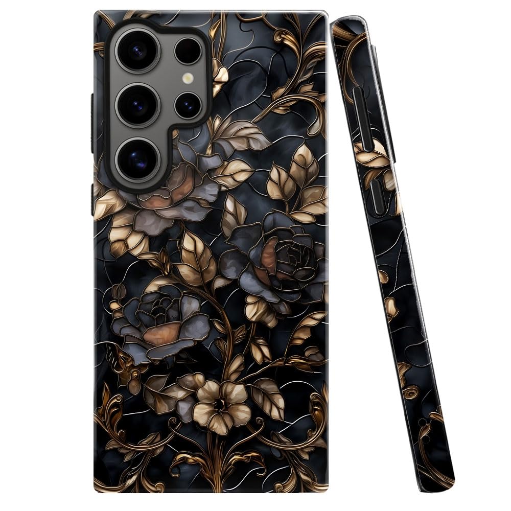 Case For Samsung Galaxy S25 Ultra,Stained Glass Gold Dark Academia Flower Phone Case Military-Grade Drop Protection Cover For Wo