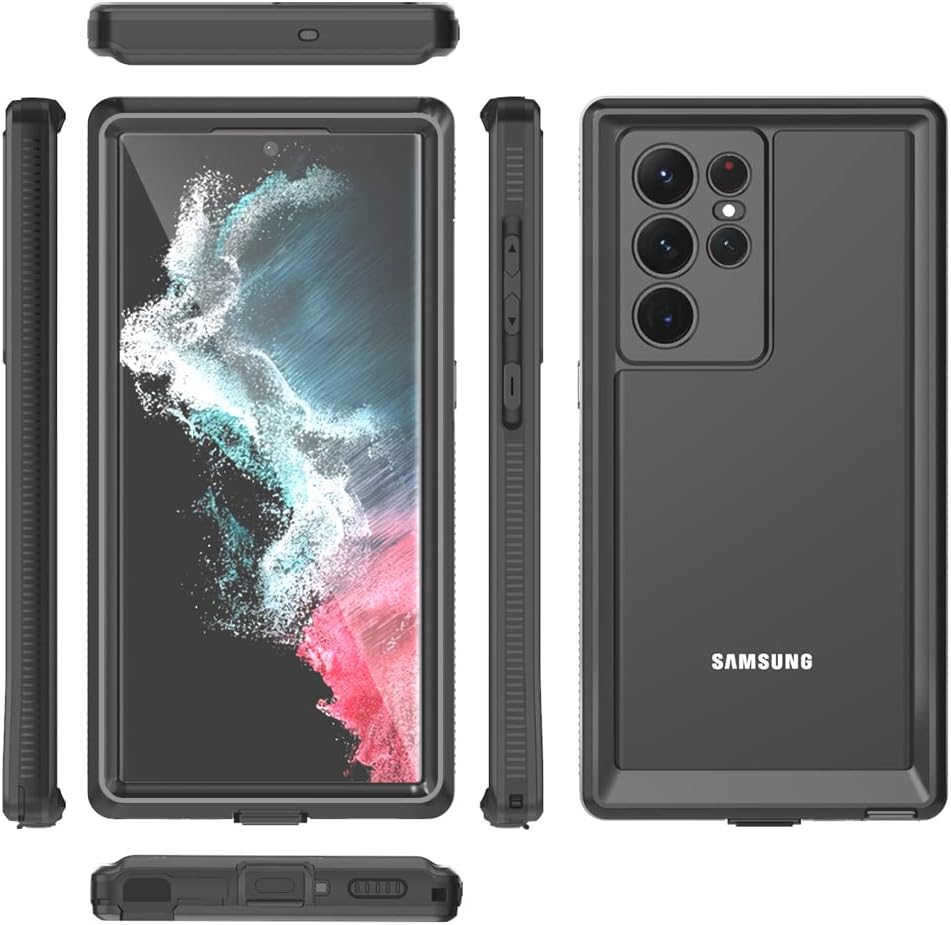 Designed for Galaxy S23 Ultra, Waterproof Case with Built-in Screen Protector, Full Body Shockproof Rugged Black