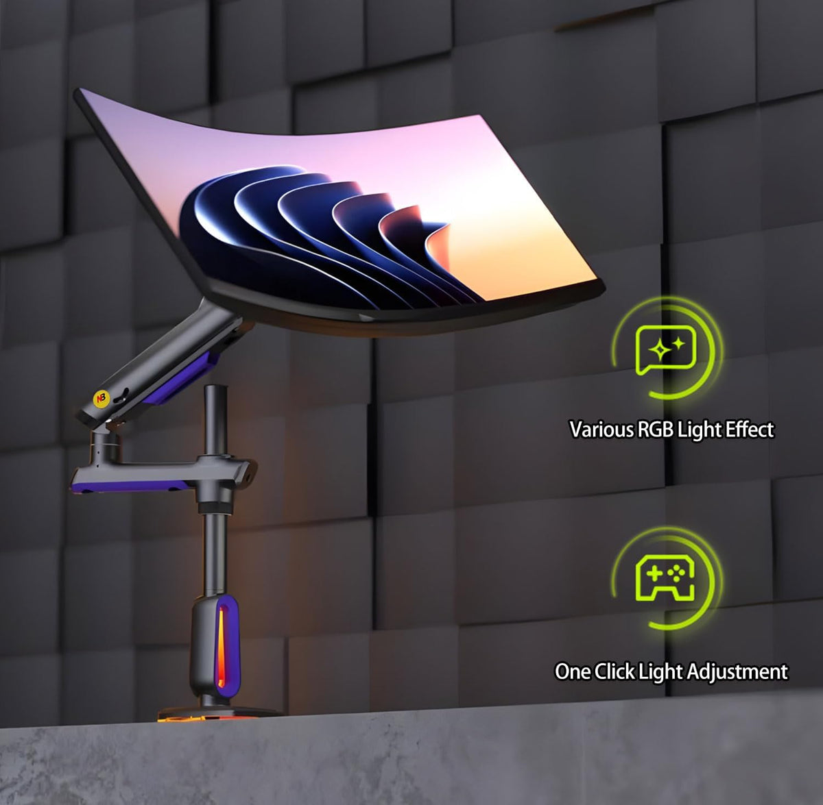 RGB Gaming Monitor-Arm for Flat/Ultrawide/Curved Monitors 32 to 60 inch, Heavy Duty Stand Load up to 20 kg, VESA 75/100 mm Monitor Mount G80