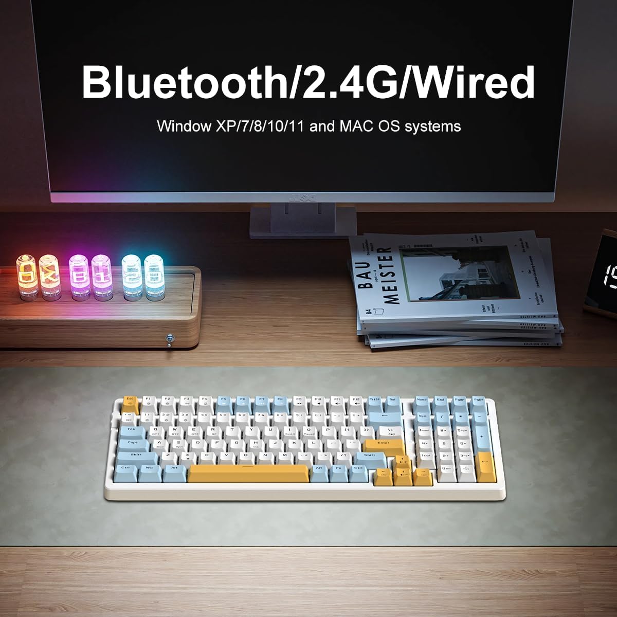Wireless Mechanical Keyboard, Triple Mode 2.4G/USB-C/BT Gaming Keyboards 100 Keys Ice-Blue Backlit Brown Switch Keyboard | Rechargeable Mechanical Gaming Keyboards | Ice Blue/W/Y