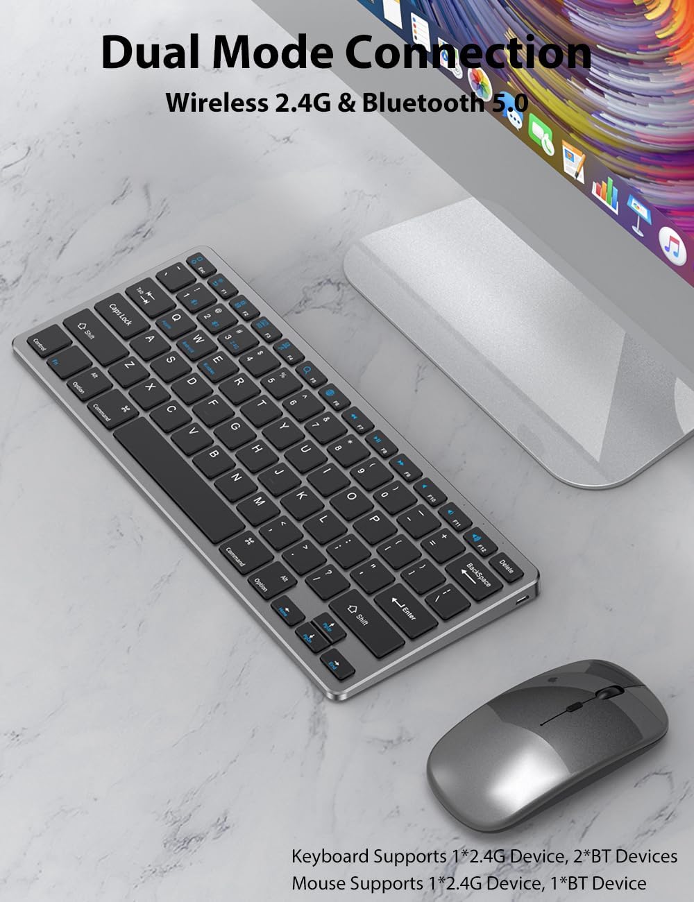 Wireless Keyboard and Mouse for Mac, 2.4G/Bluetooth Combo Ultra Slim Compact 78 Keys Rechargeable Low Profile Set