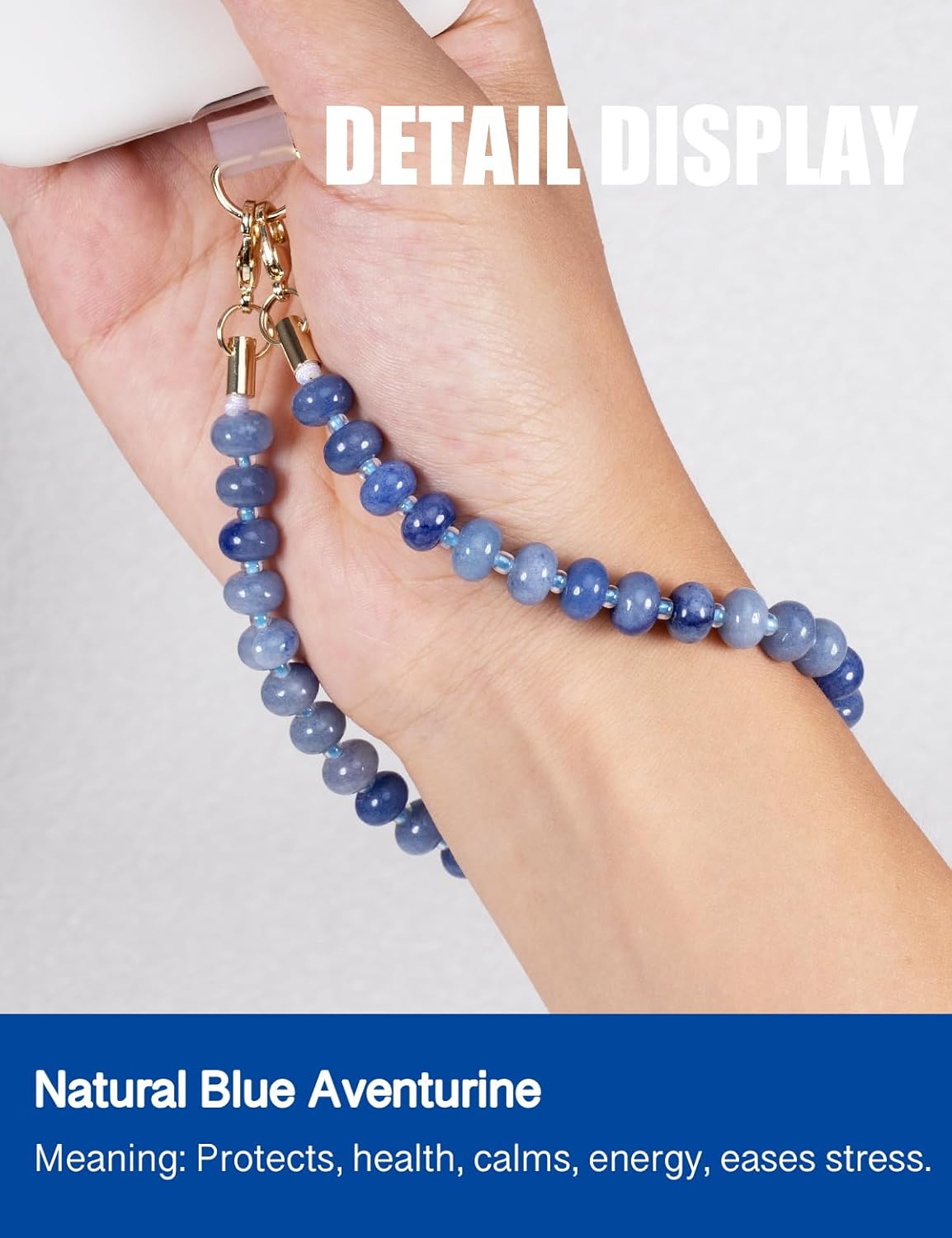 Handmade Natural Gemstone Crystal Beaded Charm Cell Phone Camera Lanyard, Hands-Free Wrist Strap, Phone Chain String, Keychain Decor for Walle (Blue Aventurine﻿)