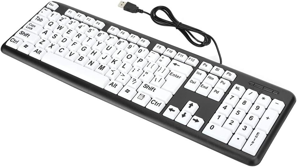 Black USB Wired Computer Keyboard, Low Vision Keyboard with White Large Print Keys